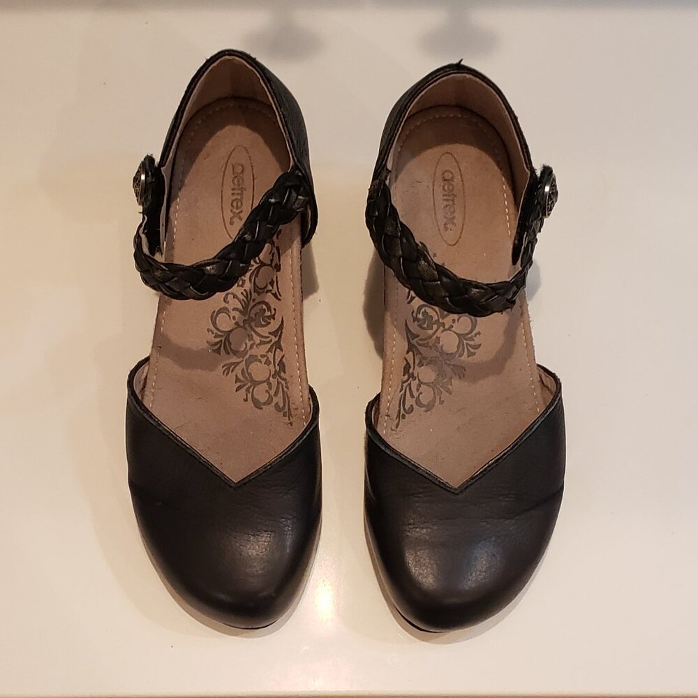 Aetrex Black Leather Braided Strap Mary Jane Wedge Comfort Shoes - Picture 4 of 15